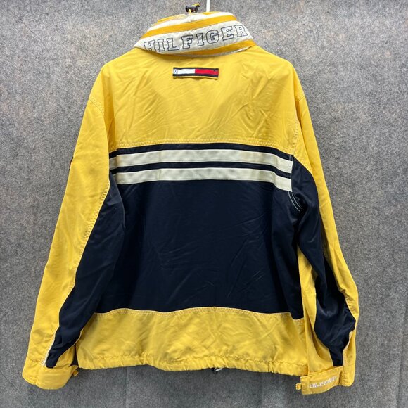 Vintage Tommy Hilfiger Jacket Men Large Yellow ColorBlock Windbreaker Hooded 80s - Picture 2 of 12